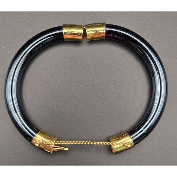Vintage Black Glass and Goldtone Hinged Bangle Bracelet Chinese Export - Picture 8 of 9